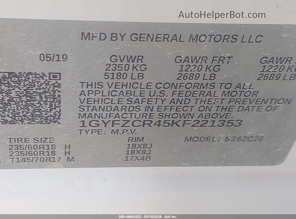 1GYFZCR45KF221353 2019 CADILLAC XT4 White Շարժիչի բաժամունքի տեսք