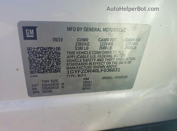 1GYFZDR40LF036831 2020 CADILLAC XT4 Белый Вид наклейки с VIN-кодом