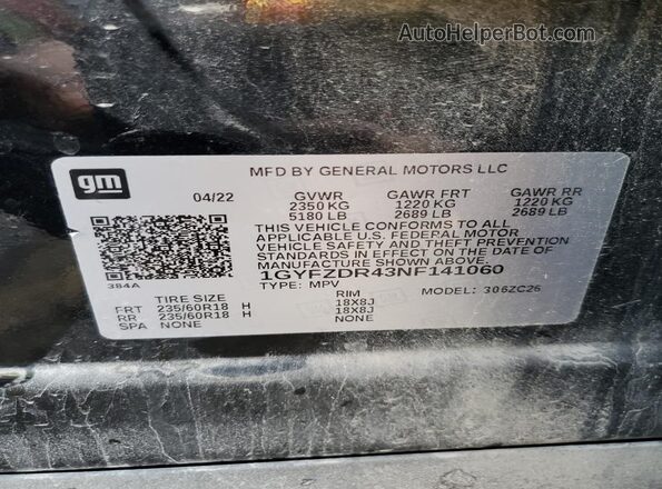 1GYFZDR43NF141060 2022 CADILLAC XT4 Черный Вид наклейки с VIN-кодом
