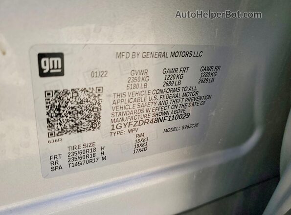1GYFZDR48NF110029 2022 CADILLAC XT4 Серебряный Вид наклейки с VIN-кодом