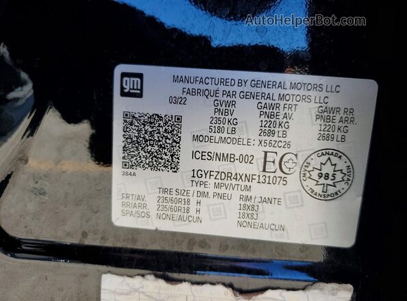 1GYFZDR4XNF131075 2022 CADILLAC XT4 Черный Вид наклейки с VIN-кодом
