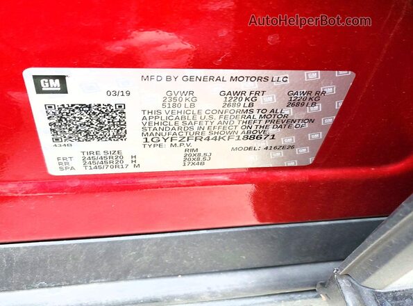 1GYFZFR44KF188671 2019 CADILLAC XT4 Red VIN კოდის სტიკერის ხედი