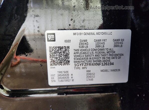 1GYFZFR4XNF126194 2022 CADILLAC XT4 Черный Вид наклейки с VIN-кодом