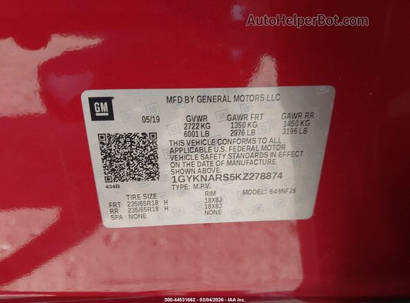 1GYKNARS5KZ278874 2019 CADILLAC XT5 Красный Вид подкапотного пространства