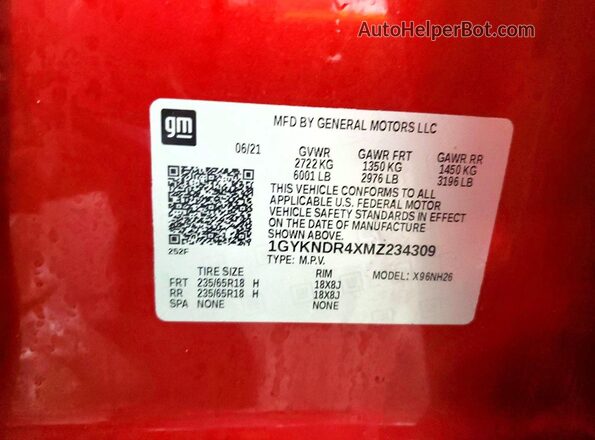 1GYKNDR4XMZ234309 2021 CADILLAC XT5 Red VIN sticker view