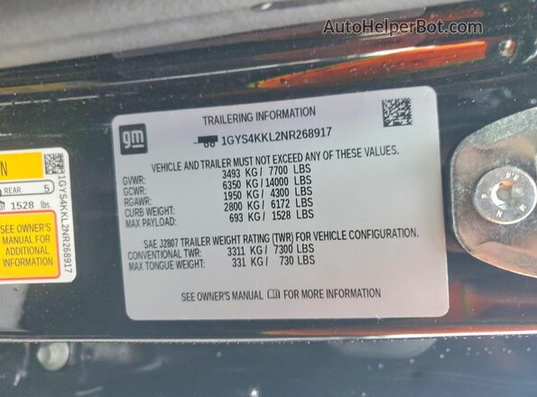 1GYS4KKL2NR268917 2022 CADILLAC ESCALADE Black Vista de la etiqueta del VIN