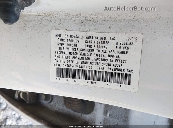 1HGCR2F34GA093157 2016 HONDA ACCORD Белый Вид подкапотного пространства
