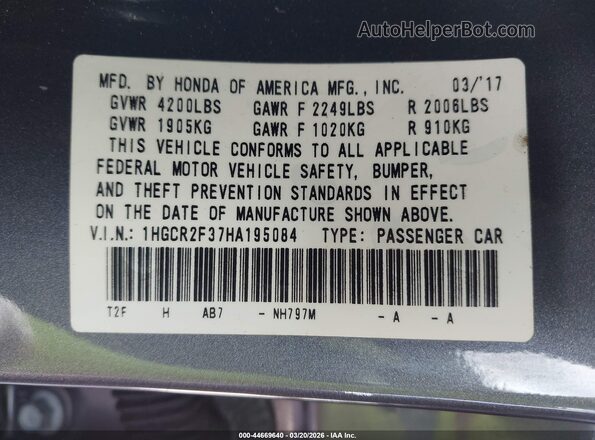 1HGCR2F37HA195084 2017 HONDA ACCORD Серый Вид подкапотного пространства
