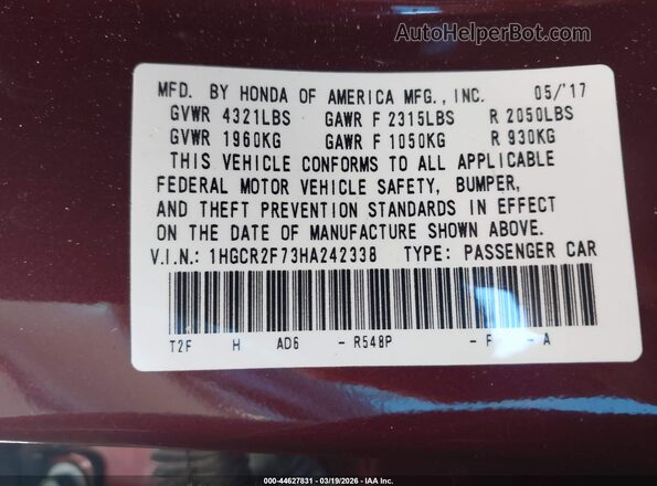 1HGCR2F73HA242338 2017 HONDA ACCORD Темно-бордовый Вид подкапотного пространства