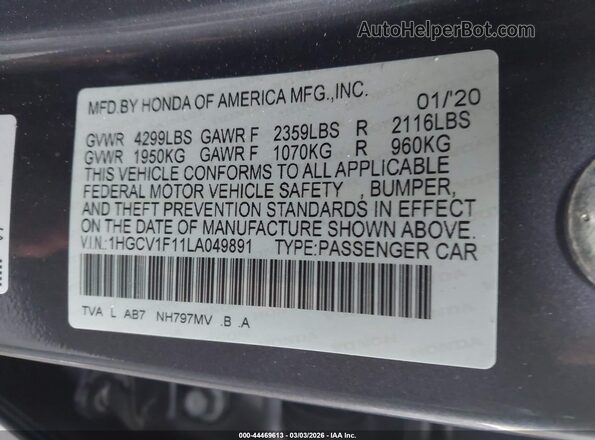 1HGCV1F11LA049891 2020 HONDA ACCORD Серый Вид подкапотного пространства