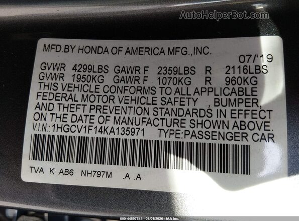 1HGCV1F14KA135971 2019 HONDA ACCORD Серый Вид подкапотного пространства