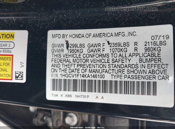 1HGCV1F14KA146100 2019 HONDA ACCORD Black Вид підкапотного простору