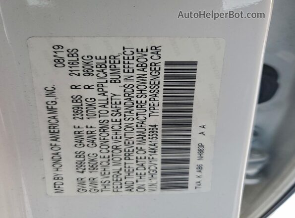 1HGCV1F14KA155864 2019 HONDA ACCORD Белый Вид подкапотного пространства