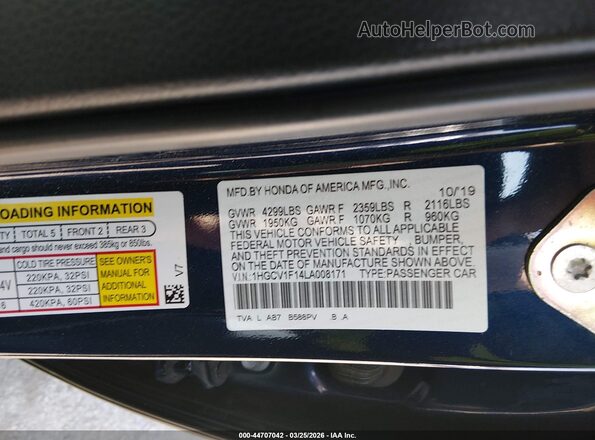 1HGCV1F14LA008171 2020 HONDA ACCORD Синий Вид подкапотного пространства