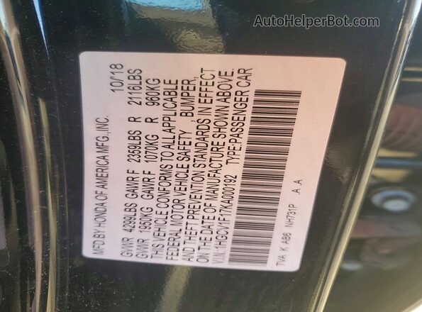 1HGCV1F17KA000192 2019 HONDA ACCORD Black ძრავის განყოფილების ხედი