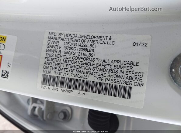1HGCV1F17NA025257 2022 HONDA ACCORD Yellow Вид підкапотного простору