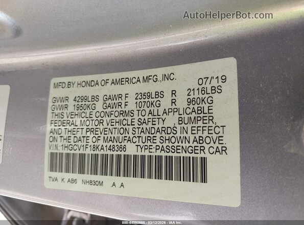 1HGCV1F18KA148366 2019 HONDA ACCORD Silver Widok komory silnika