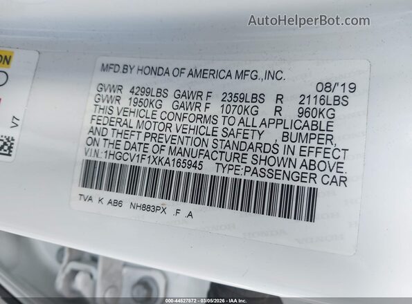 1HGCV1F1XKA165945 2019 HONDA ACCORD Белый Вид подкапотного пространства