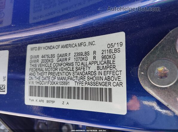 1HGCV1F30KA105691 2019 HONDA ACCORD Синий Вид подкапотного пространства