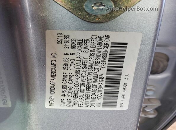 1HGCV1F30KA174574 2019 HONDA ACCORD Серебряный Вид подкапотного пространства