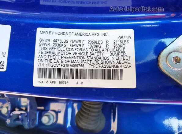 1HGCV1F31KA099755 2019 HONDA ACCORD Синий Вид наклейки с VIN-кодом