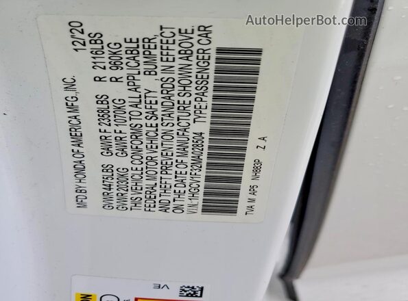 1HGCV1F32MA028504 2021 HONDA ACCORD Белый Вид подкапотного пространства