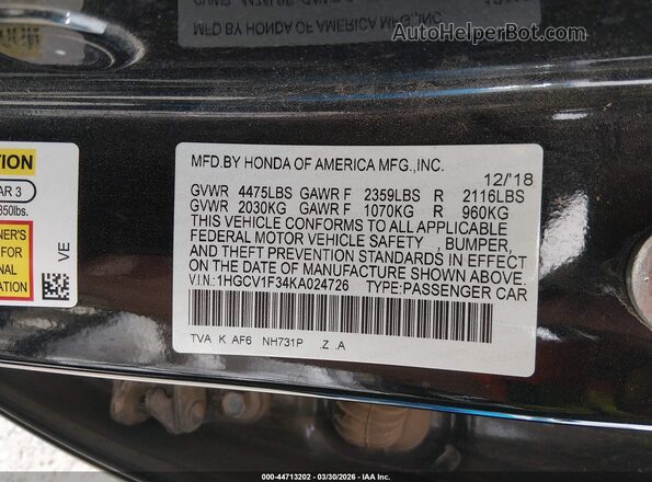 1HGCV1F34KA024726 2019 HONDA ACCORD Черный Вид подкапотного пространства
