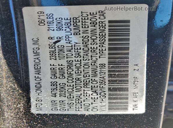 1HGCV1F35KA131168 2019 HONDA ACCORD Black Widok komory silnika