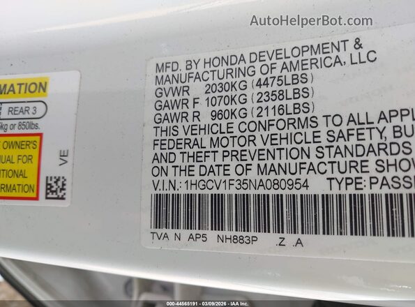 1HGCV1F35NA080954 2022 HONDA ACCORD Белый Вид подкапотного пространства