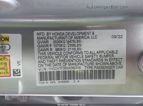 1HGCV1F35NA082316 2022 HONDA ACCORD Серый Вид подкапотного пространства