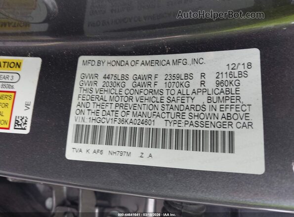 1HGCV1F36KA024601 2019 HONDA ACCORD Серый Вид подкапотного пространства
