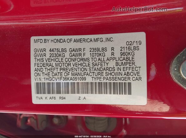 1HGCV1F36KA051099 2019 HONDA ACCORD Красный Вид подкапотного пространства