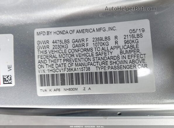 1HGCV1F36KA115738 2019 HONDA ACCORD Серебряный Вид подкапотного пространства