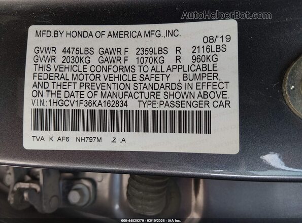 1HGCV1F36KA162834 2019 HONDA ACCORD Серый Вид подкапотного пространства