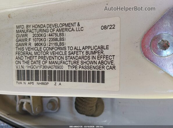 1HGCV1F36NA076900 2022 HONDA ACCORD Белый Вид подкапотного пространства