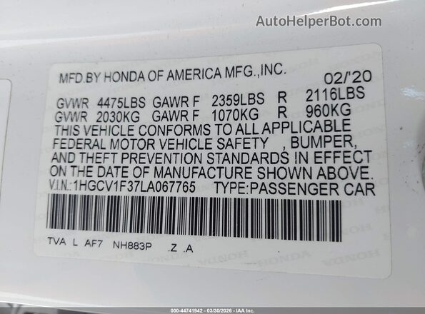 1HGCV1F37LA067765 2020 HONDA ACCORD Белый Вид подкапотного пространства