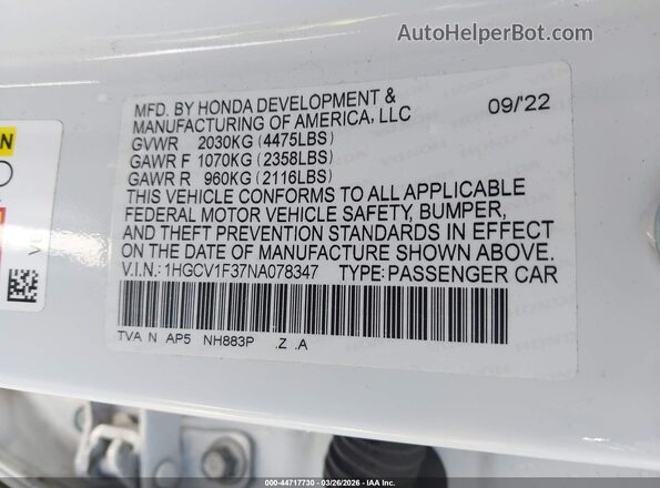 1HGCV1F37NA078347 2022 HONDA ACCORD Белый Вид подкапотного пространства