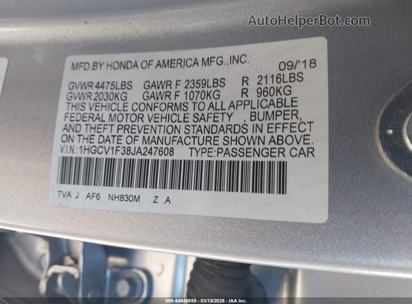 1HGCV1F38JA247608 2018 HONDA ACCORD Gray Vista del compartimento del motor