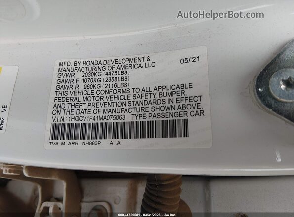 1HGCV1F41MA075063 2021 HONDA ACCORD Белый Вид подкапотного пространства