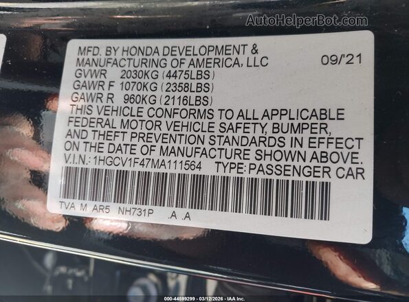 1HGCV1F47MA111564 2021 HONDA ACCORD Черный Вид подкапотного пространства