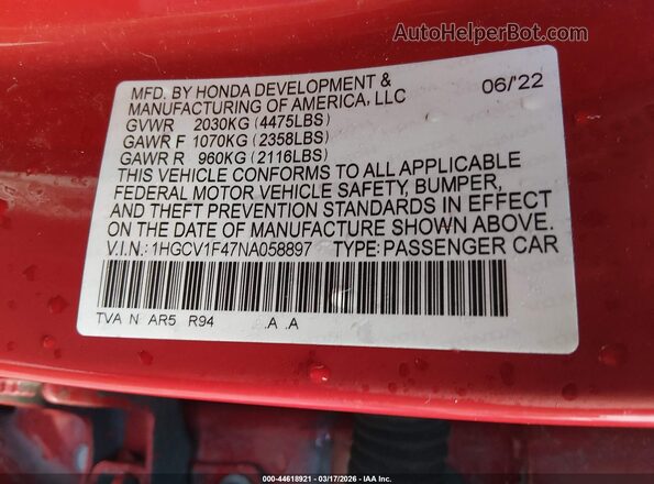 1HGCV1F47NA058897 2022 HONDA ACCORD Красный Вид подкапотного пространства