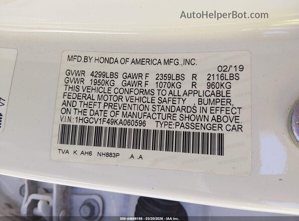 1HGCV1F49KA060596 2019 HONDA ACCORD Белый Вид подкапотного пространства