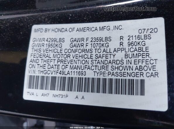 1HGCV1F49LA111693 2020 HONDA ACCORD Черный Вид подкапотного пространства
