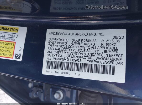 1HGCV1F49LA122032 2020 HONDA ACCORD Синий Вид подкапотного пространства