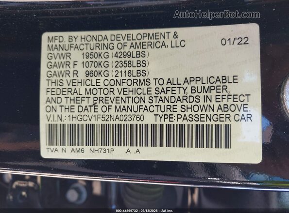 1HGCV1F52NA023760 2022 HONDA ACCORD Черный Вид подкапотного пространства
