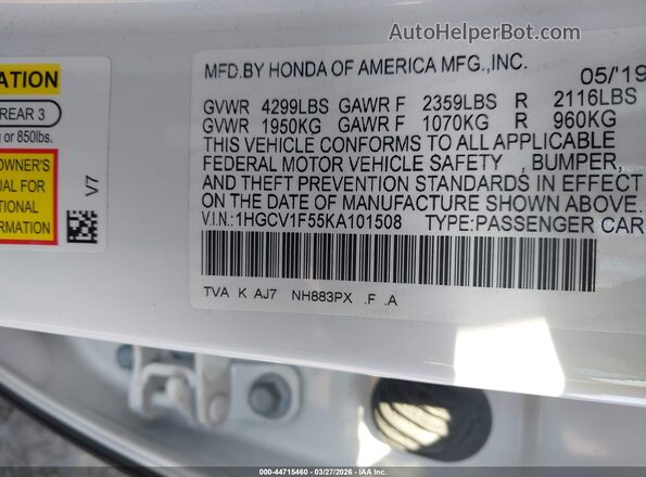 1HGCV1F55KA101508 2019 HONDA ACCORD White Widok komory silnika