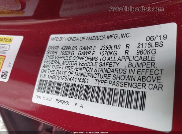 1HGCV1F57KA116401 2019 HONDA ACCORD Красный Вид подкапотного пространства