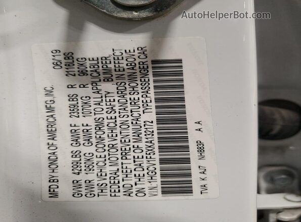 1HGCV1F5XKA132172 2019 HONDA ACCORD White Вид підкапотного простору