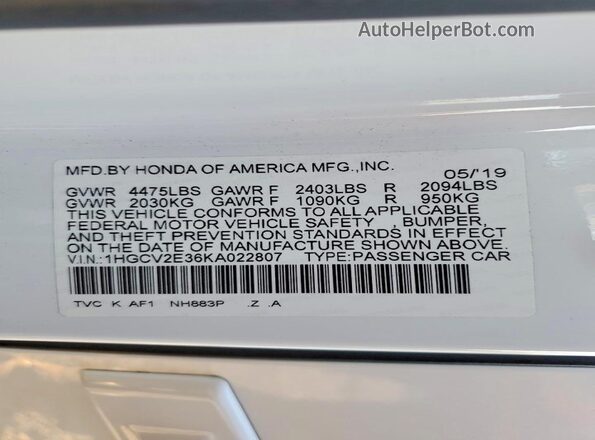 1HGCV2E36KA022807 2019 HONDA ACCORD Белый Вид наклейки с VIN-кодом