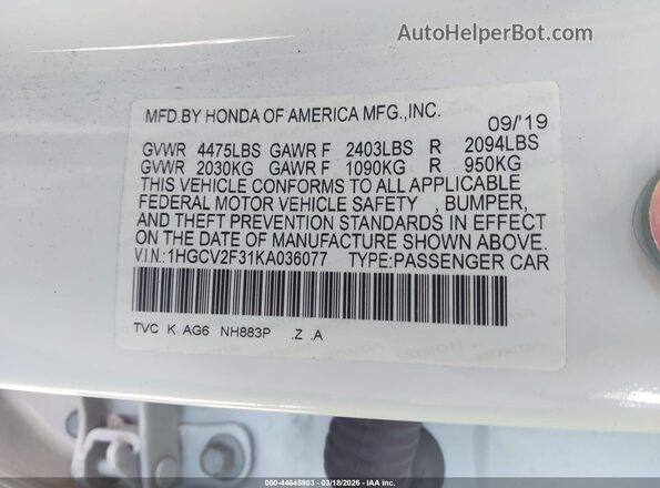 1HGCV2F31KA036077 2019 HONDA ACCORD Белый Вид подкапотного пространства